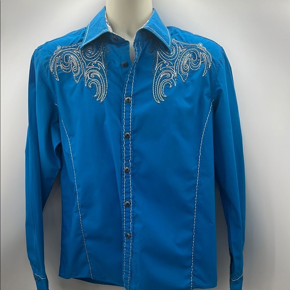 House of Lords Blue Button Down Shirt with Embroidered Design Y2K